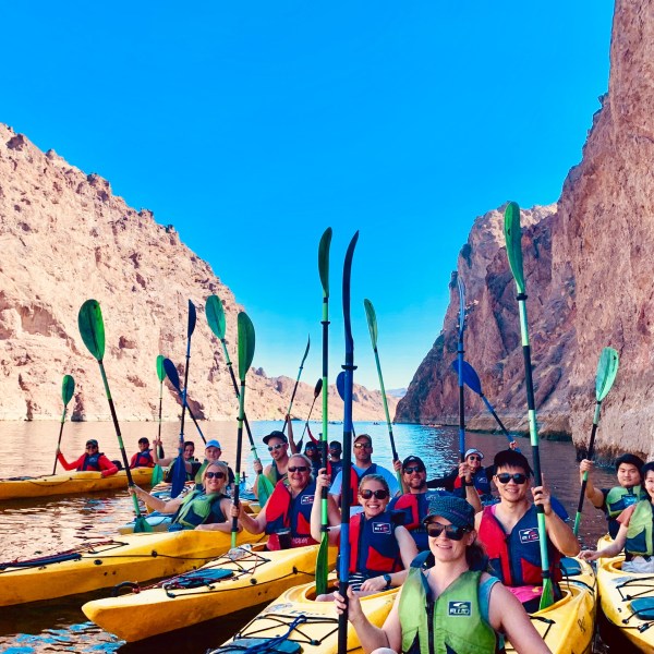 Group kayaking in a canyon, raising paddles, wearing life vests.