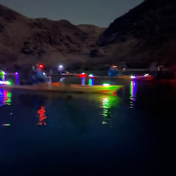 People kayaking at night with colorful lights on a dark lake.
