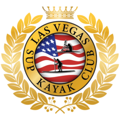 Crowned emblem with leaves, US flag background, and text 'LAS VEGAS SUP KAYAK CLUB'.