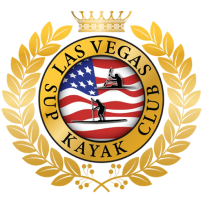 Crowned emblem with leaves, US flag background, and text 'LAS VEGAS SUP KAYAK CLUB'.