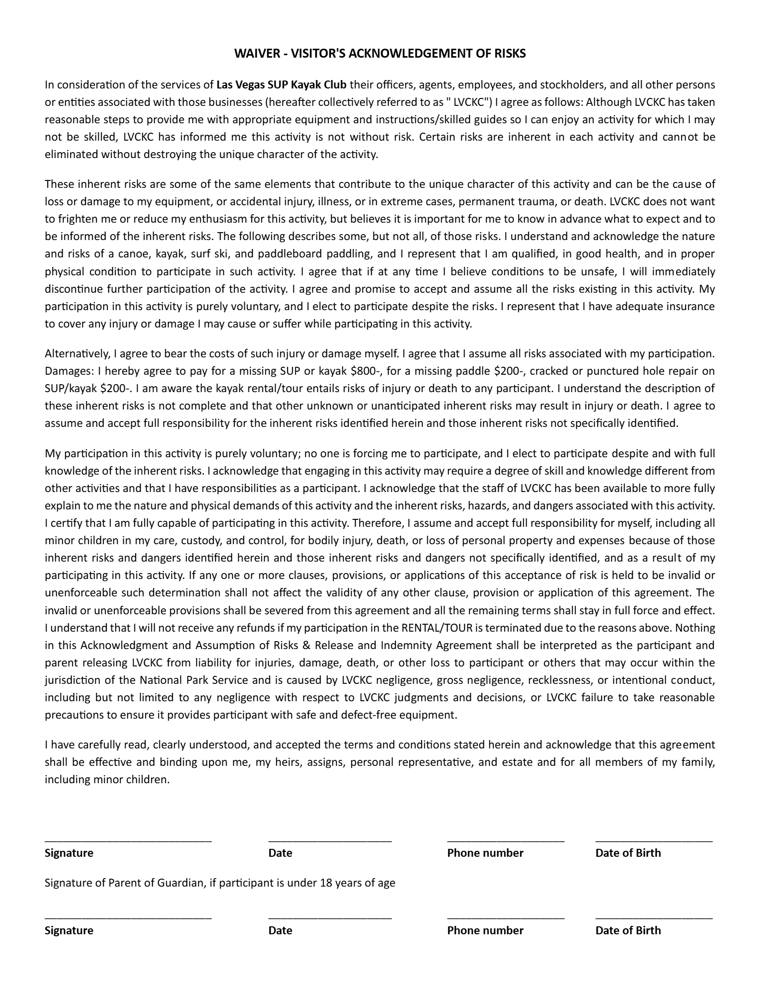 Legal waiver document with signature fields for participant and guardian.