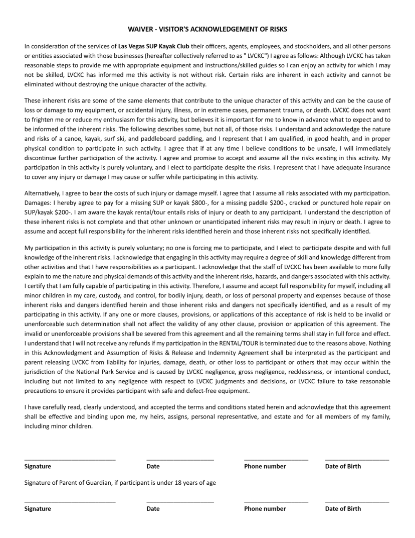 Legal waiver document with signature fields for participant and guardian.